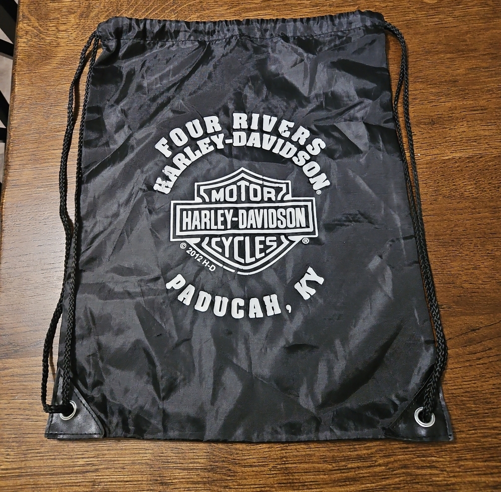 Harley-Davidson Black Drawstring Backpack with White Four Rivers Paducah Logo